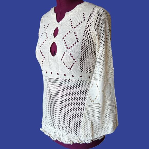 Repaired Lightweight Knit Top Swim Cover M / L long bell sleeve Hi-Lo upcycled - Picture 15 of 15